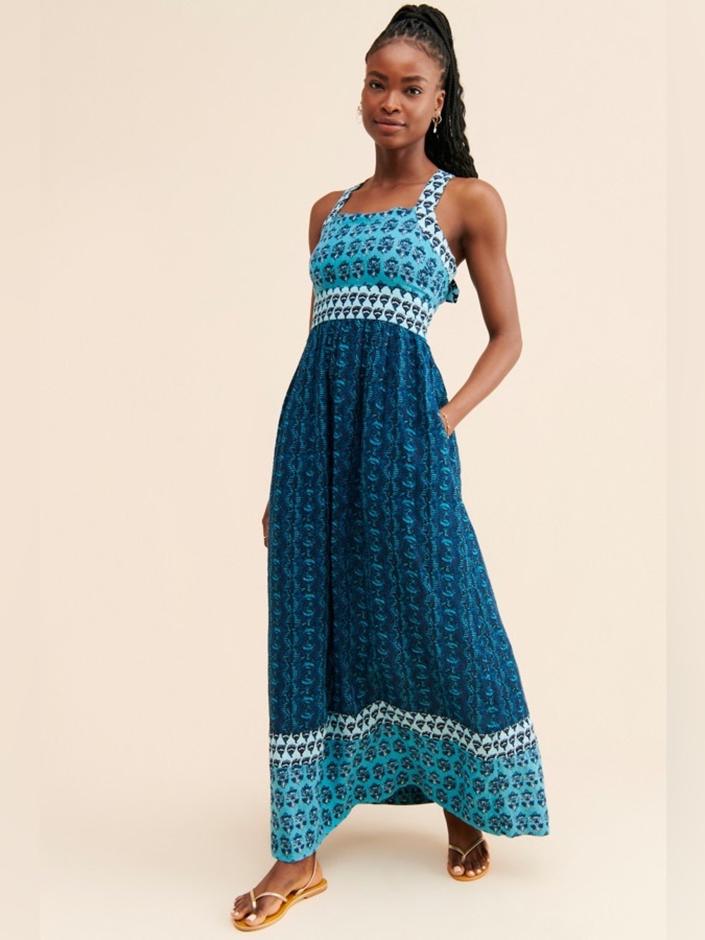 NWT Faherty Gracie linen maxi dress size small boho smocked sundress sleeveless